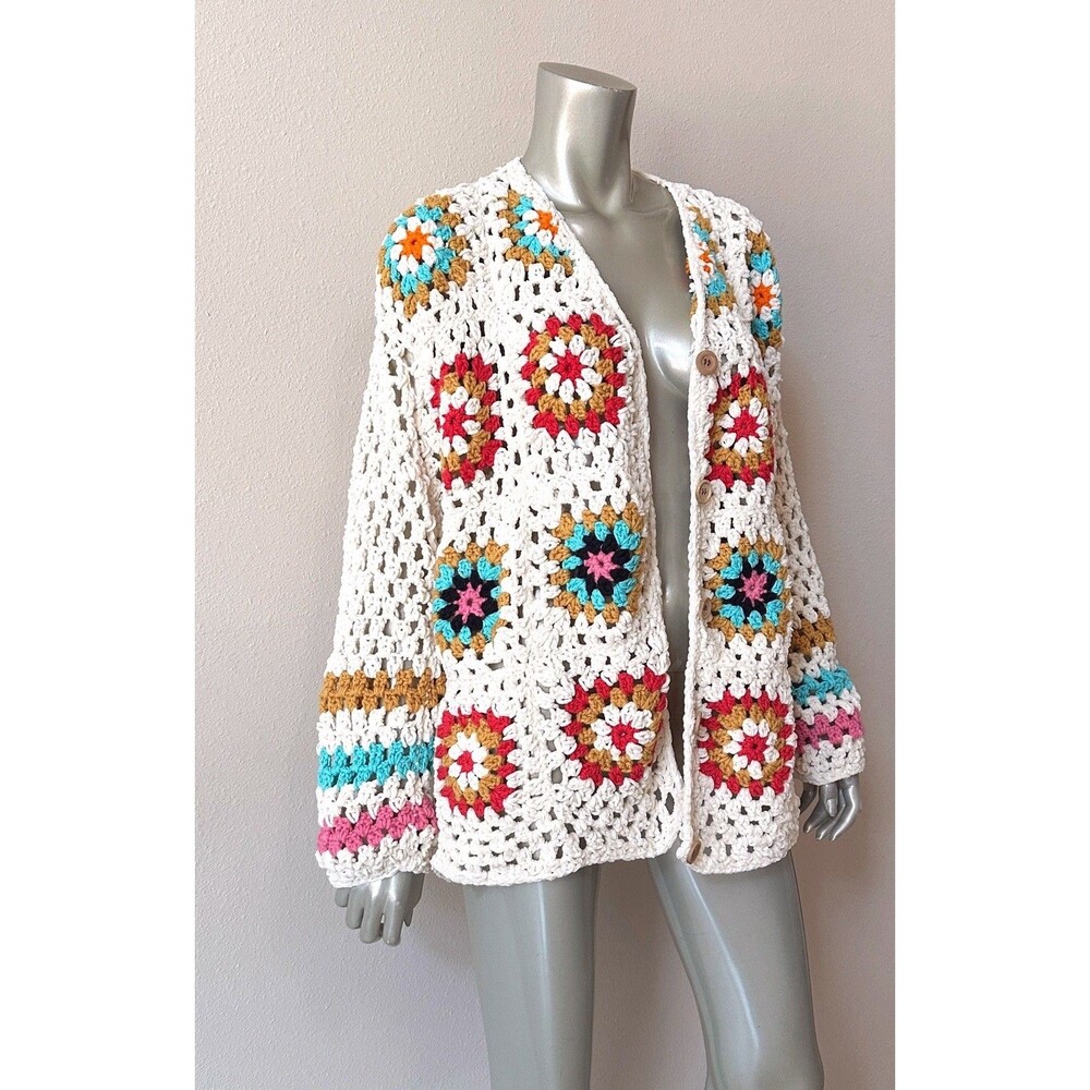 Granny Square Crochet Cardigan Sweater Large Vintage Y2K Chenille Open Knit Boho - Picture 5 of 6